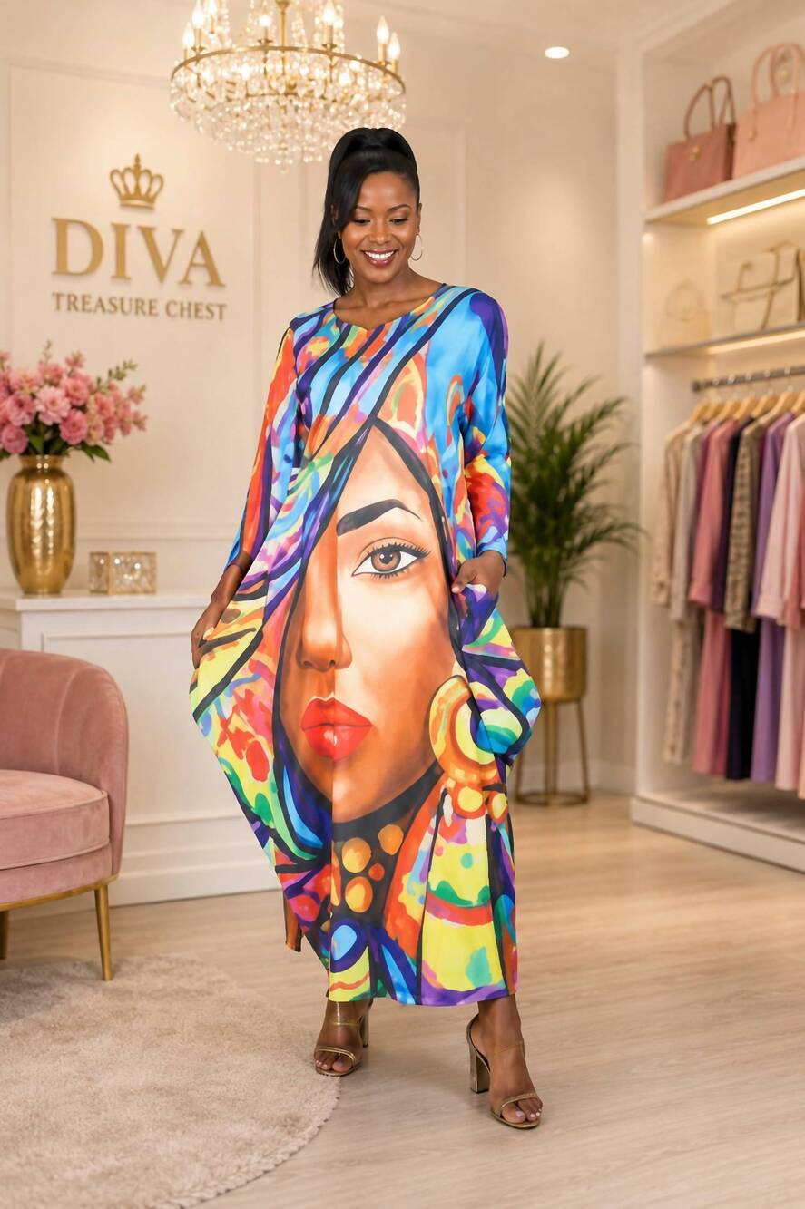 NEW KARA CHIC bold face long sleeves maxi dress in blue